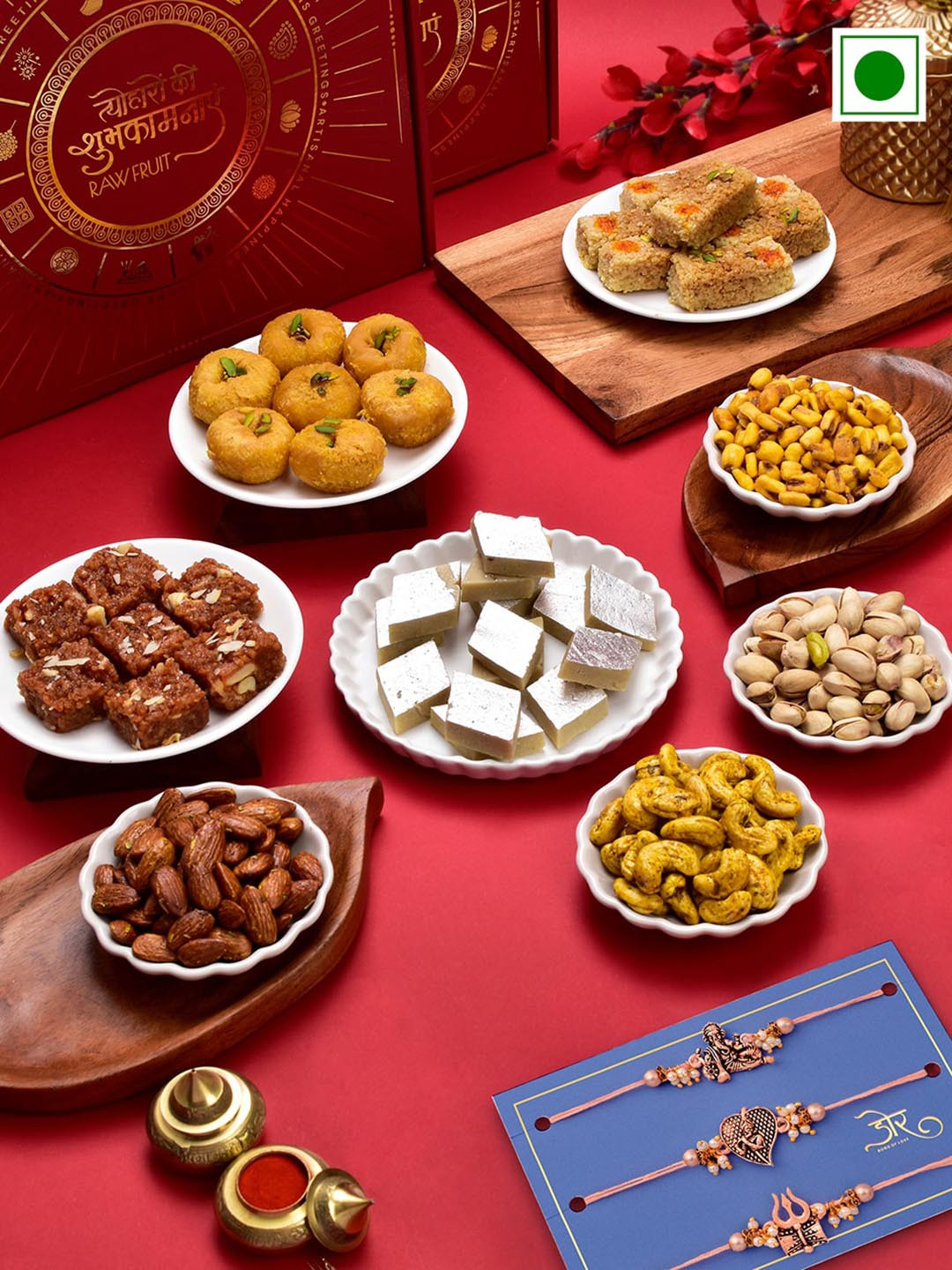 

RawFruit Set Of 3 Rakhi With Nuts & Sweets Gift Set, Gold