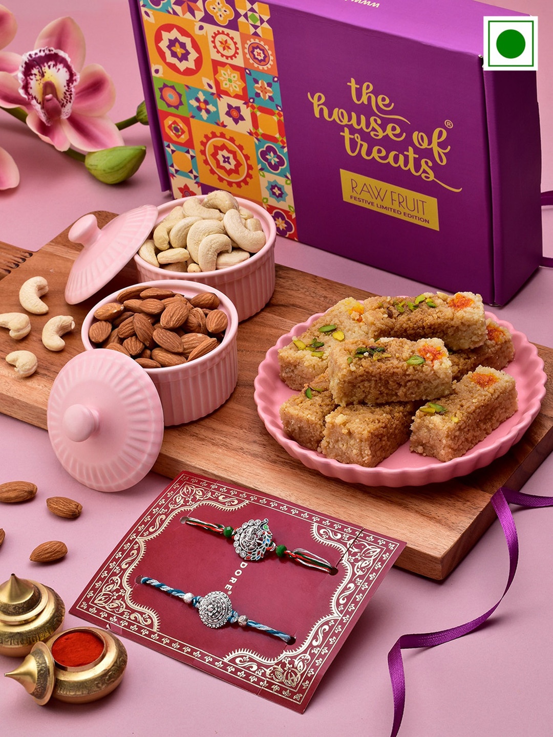 

RawFruit Sweets And Dryfruit With 2 Rakhi, Purple