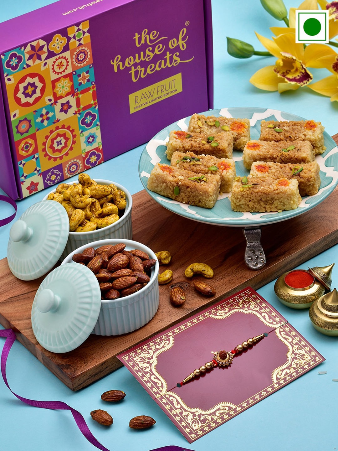 

RawFruit Sweets And Dryfruit With Rakhi, Purple