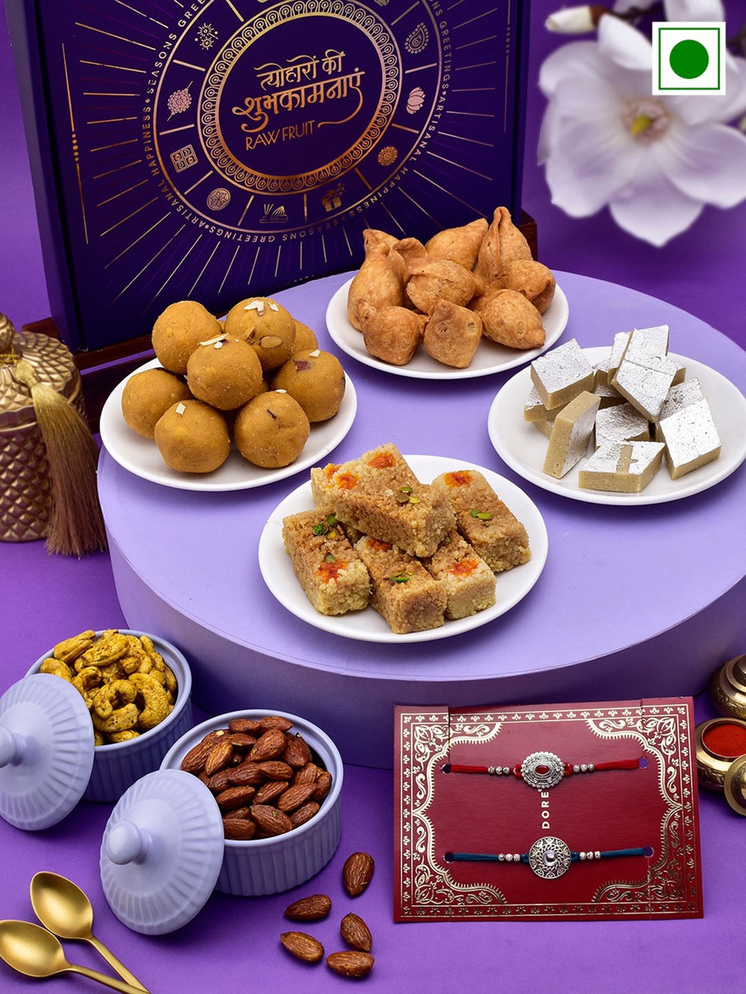 

RawFruit Sweets And Nuts With 2 Rakhis, Blue