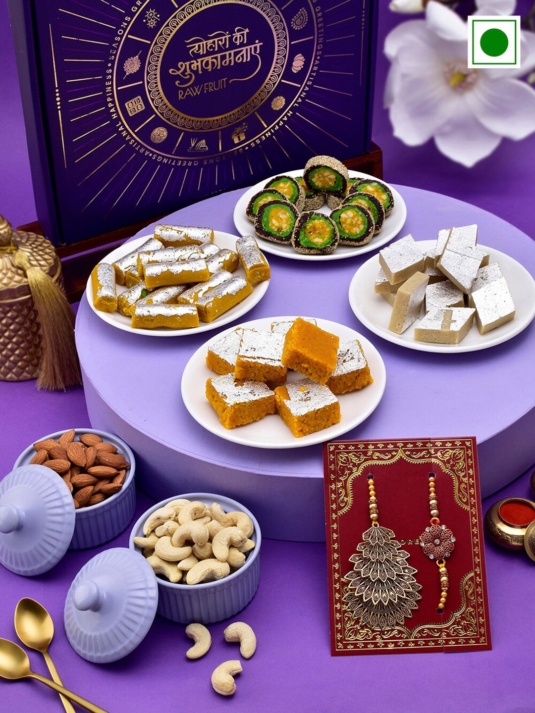 

RawFruit Set Of 2 Bhai Bhabhi Rakhi With Nut & Sweet Gift Set, Gold