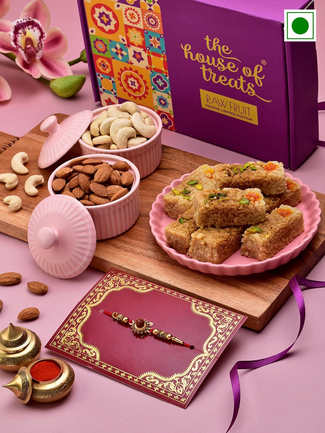 

RawFruit Rudhraksha Studded Charm Rakhi With Sweet & Dryfruits Gift Set, Brown