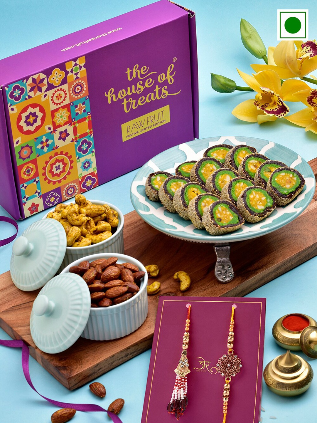 

RawFruit Set of 2 Stone-Studded Rakhis With Assorted Gifts Set, Gold