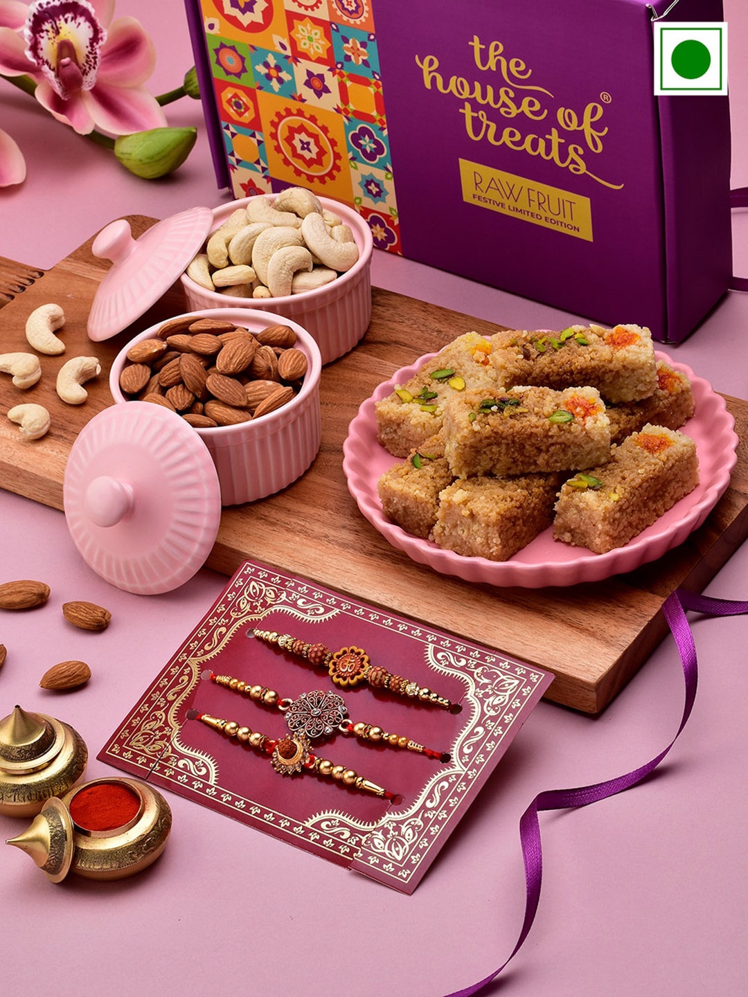 

RawFruit Set Of 3 Rakhi With Sweets & Nut Gifts Set, Purple
