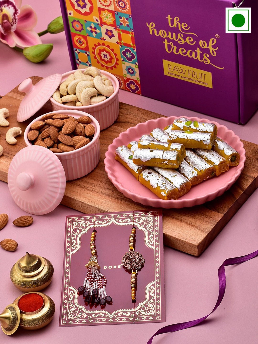 

RawFruit Set Of 2 Rakhi With Sweets & Nuts Gift Set, Gold