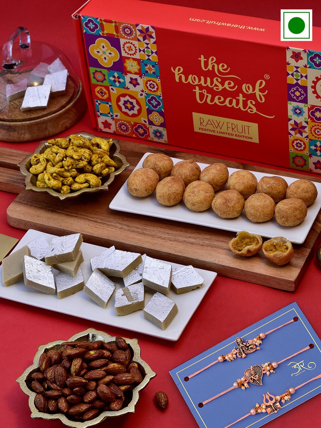 

RawFruit Sweets and Dryfruit Gift Hamper With 3 Rakhis, Rose gold