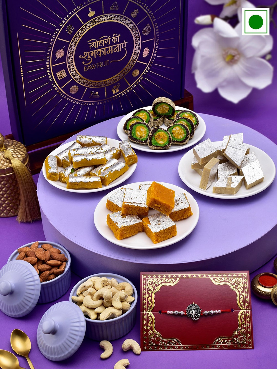 

RawFruit Sweets And Dryfruit With Rakhi, Purple