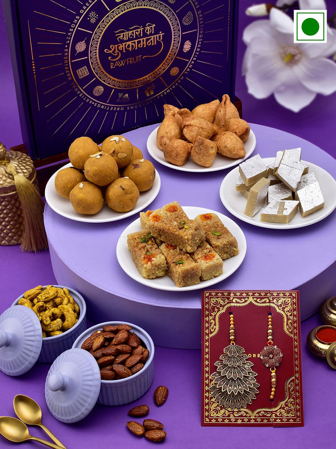

RawFruit Sweets And Dryfruit With 2 Rakhi, Purple