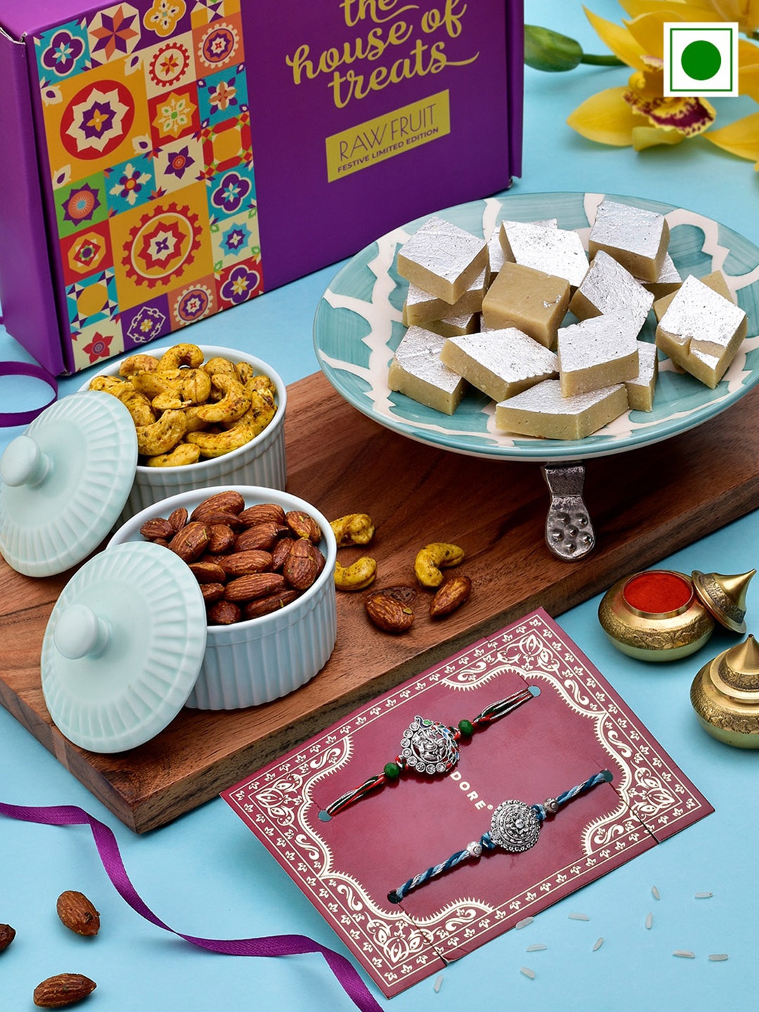 

RawFruit Sweets And Nuts With 2 Rakhis, Blue