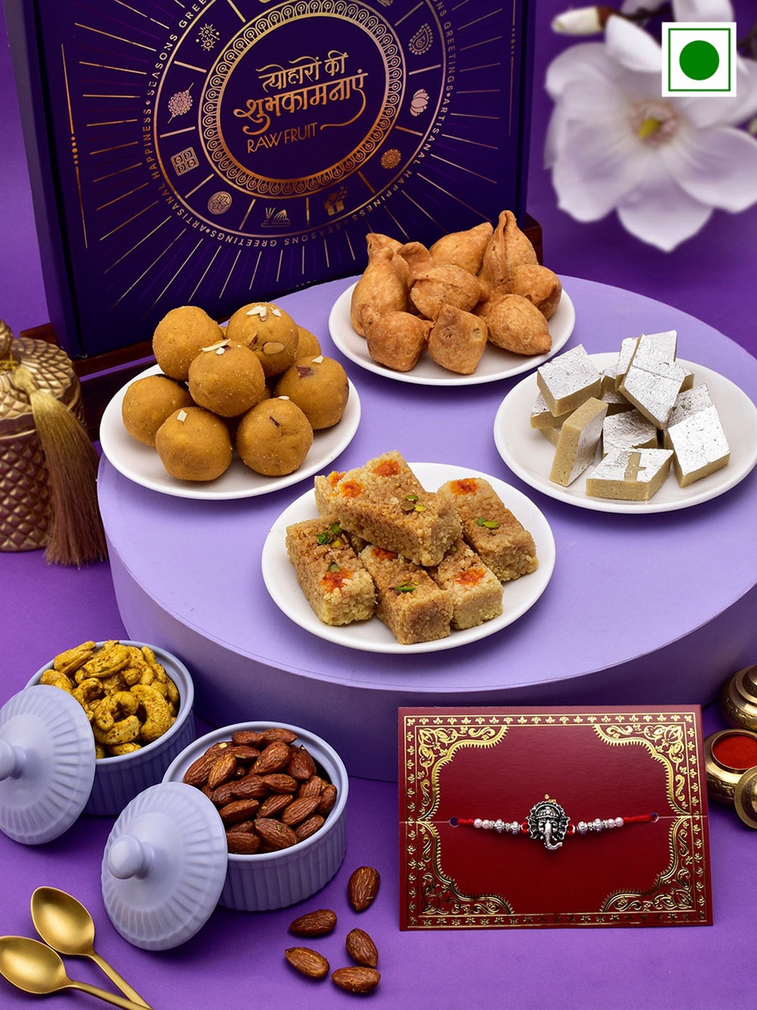 

RawFruit Sweets And Nuts With Rakhi, Silver