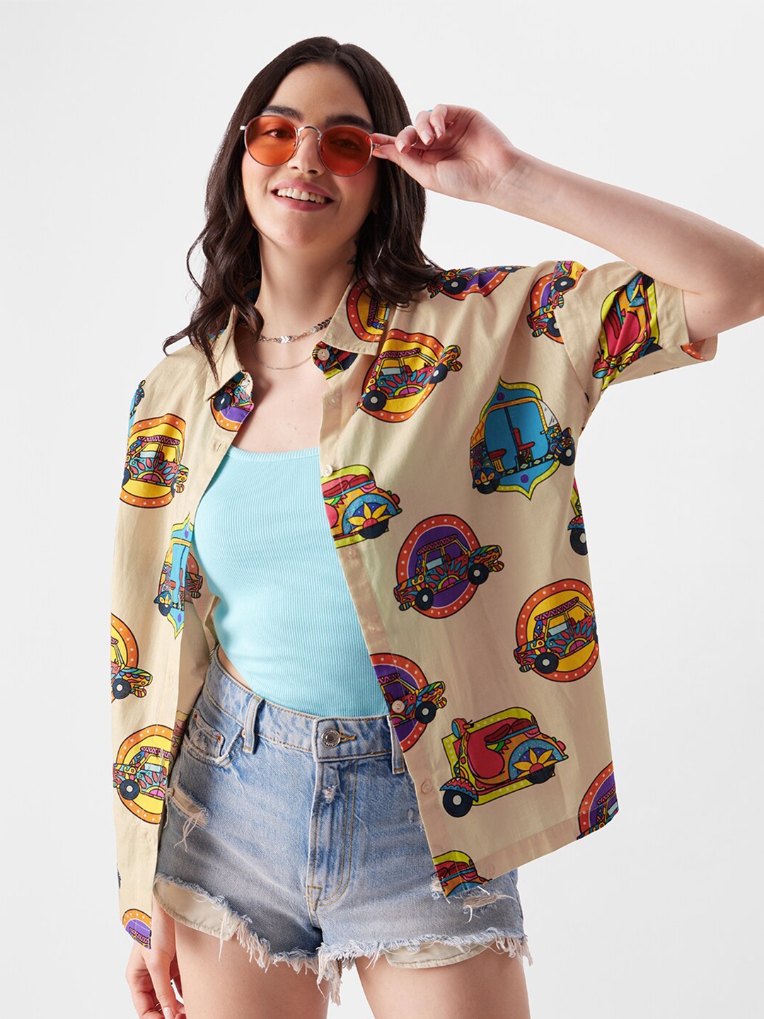 

The Souled Store Beige Spread Collar Graphic Printed Opaque Cotton Casual Shirt