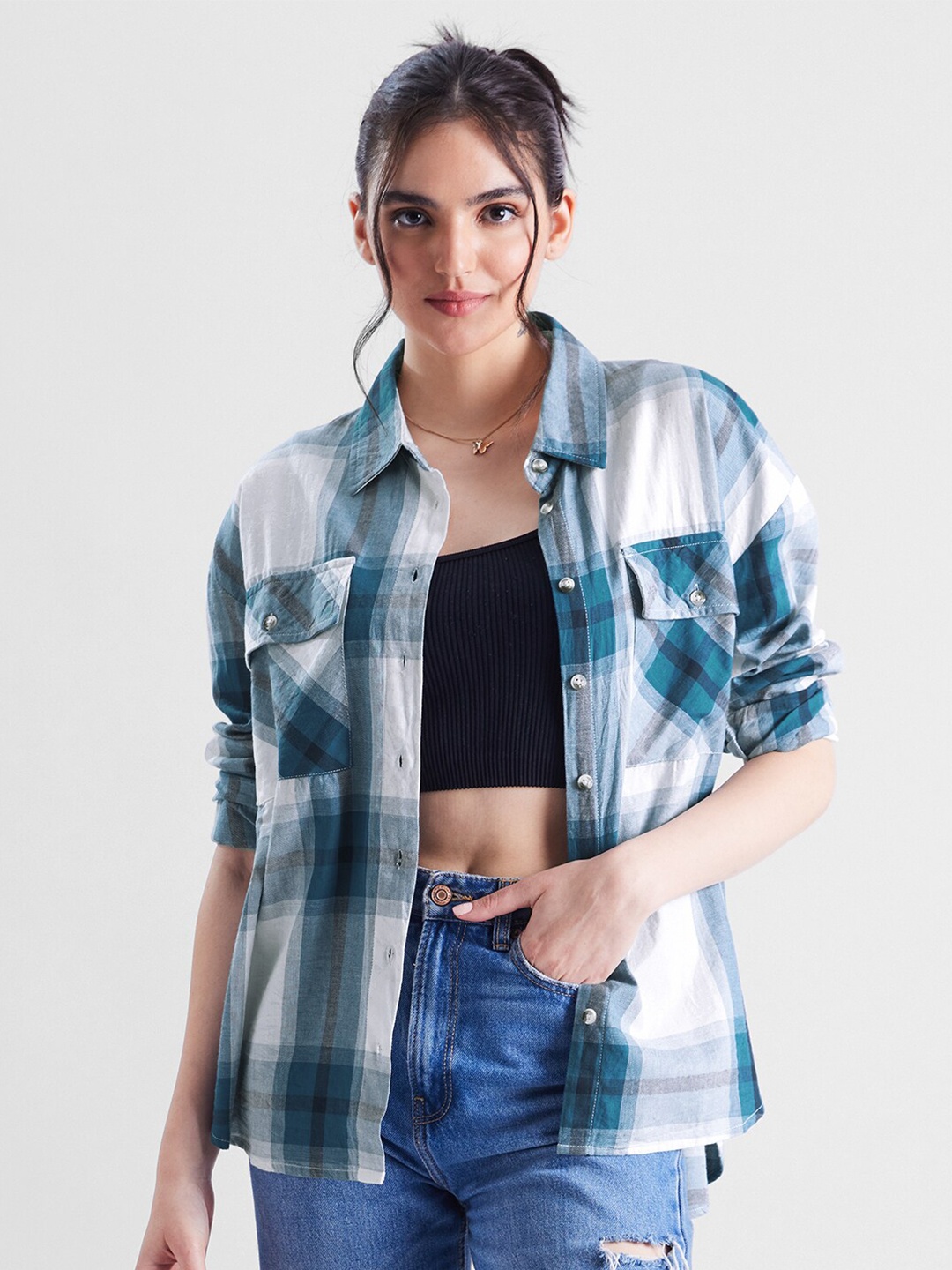 

The Souled Store White Spread Collar Tartan Checks Opaque Cotton Casual Shirt, Blue