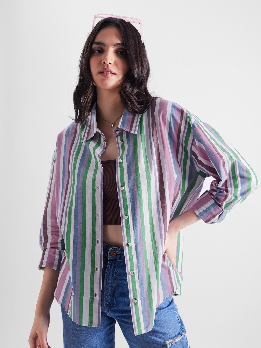

The Souled Store White Spread collar Striped Printed Opaque Cotton Casual Shirt