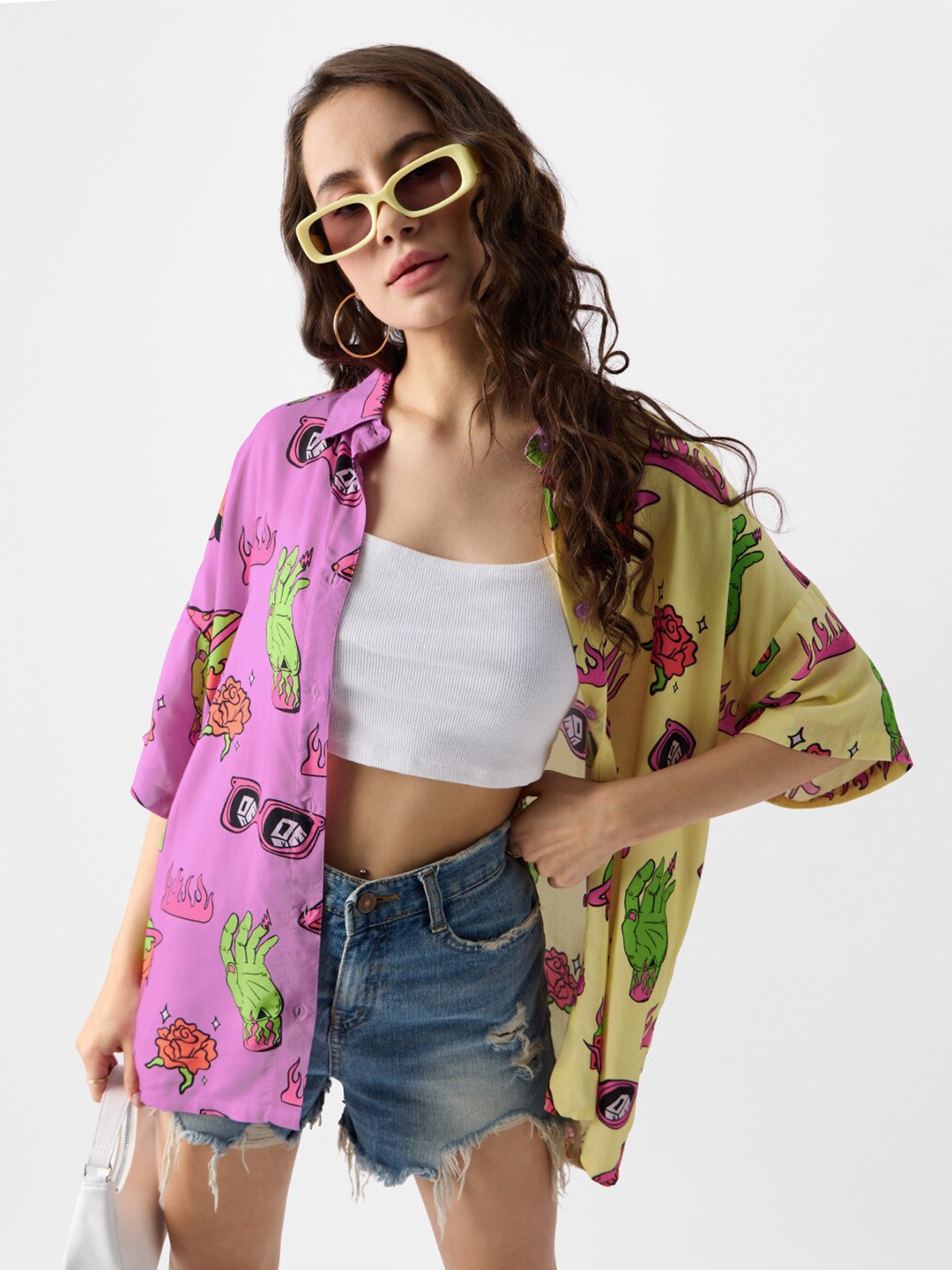 

The Souled Store Yellow Spread Collar Graphic Printed Opaque Cotton Casual Shirt