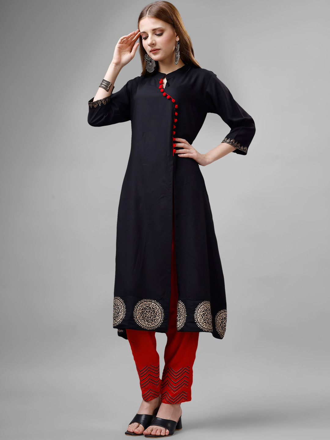 

MEEPAL Ethnic Motifs Printed Mandarin Collar Angrakha A-Line Kurta With Trousers, Black