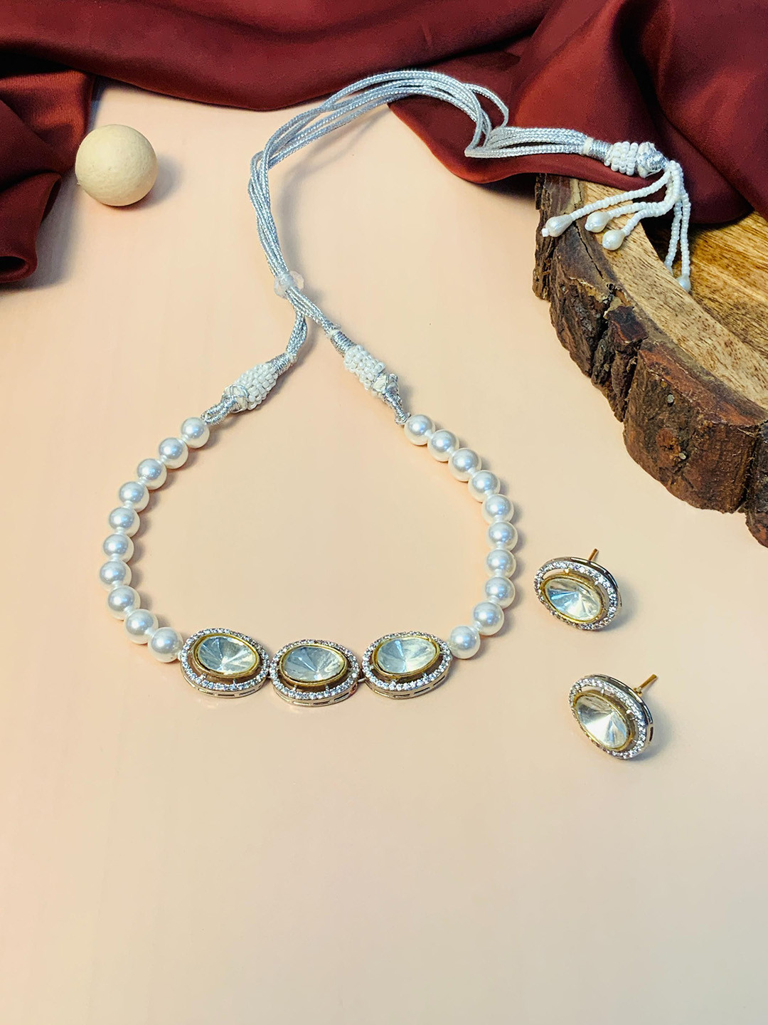 

ABDESIGNS Silver-Plated AD-Studded & Pearl Beaded Jewellery Set