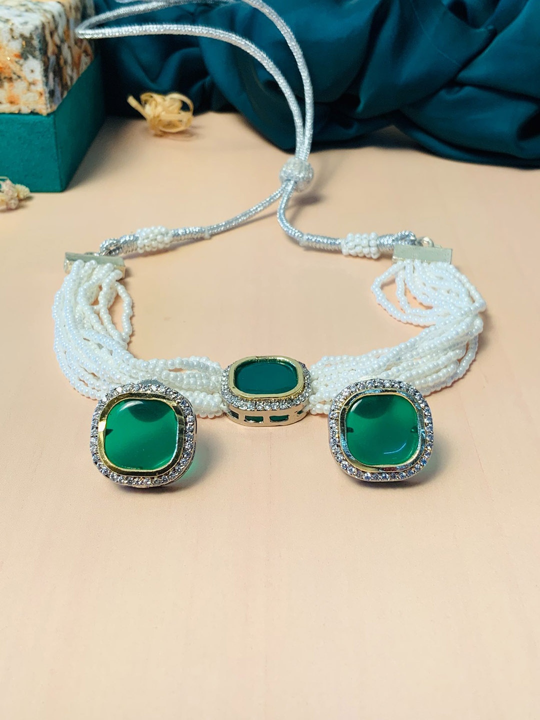 

ABDESIGNS Silver-Plated Stone-Studded & Beaded Jewellery Set