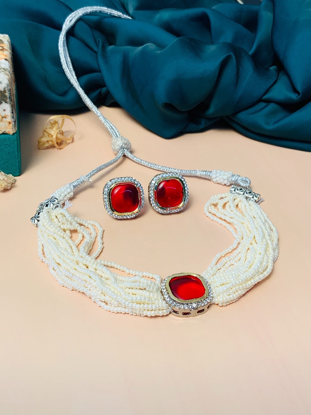

ABDESIGNS Silver-Plated Stone-Studded & Beaded Jewellery Set