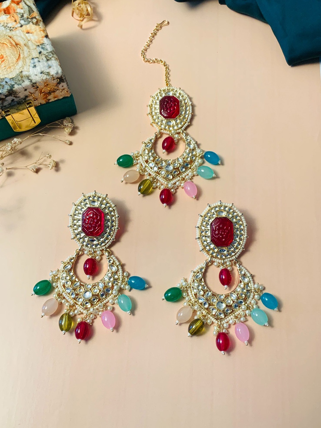 

ABDESIGNS Gold-Plated Stone-Studded & Beaded Jewellery Set