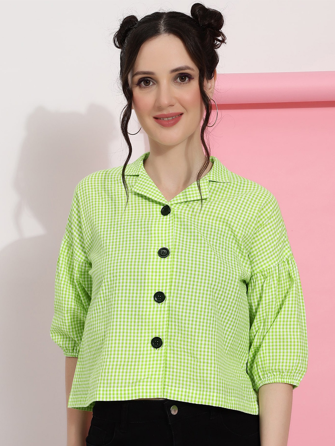 J Turritopsis Classic Micro Checked Puff Sleeves Cotton Casual Shirt, Green