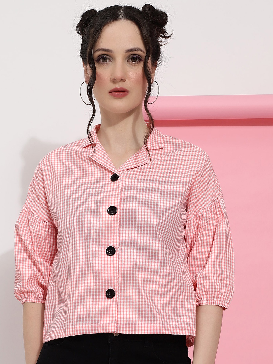 J Turritopsis Classic Micro Checked Puff Sleeves Cotton Casual Shirt, Pink