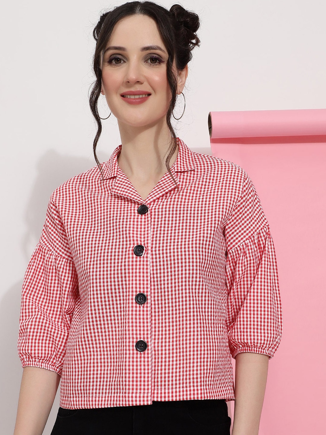 

J Turritopsis Classic Micro Checked Puff Sleeves Cotton Casual Shirt, Red