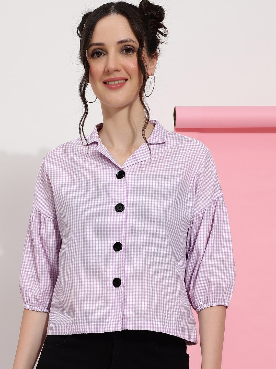 J Turritopsis Classic Micro Checked Puff Sleeves Cotton Casual Shirt, Lavender