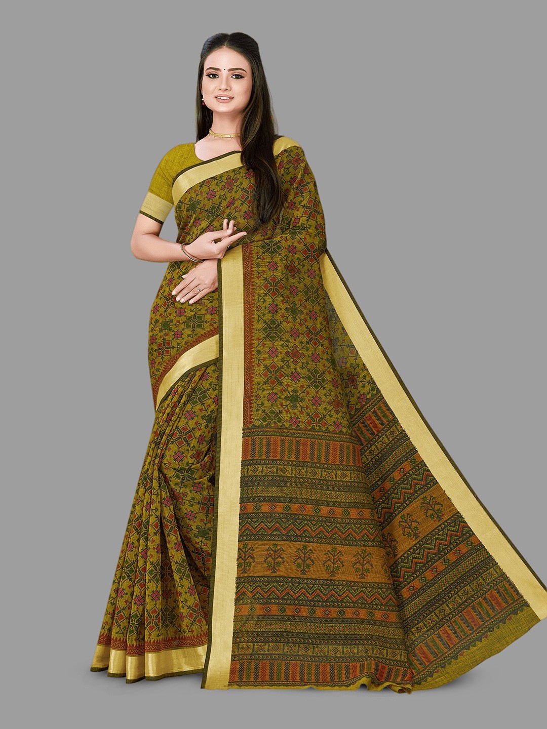 

HASRI Ethnic Motifs Printed Pure Linen Saree, Yellow