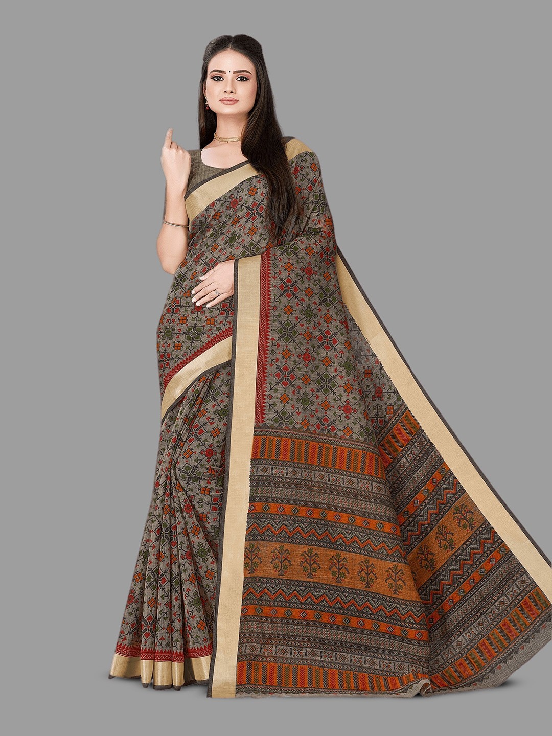 

HASRI Ethnic Motifs Printed Pure Linen Saree, Grey