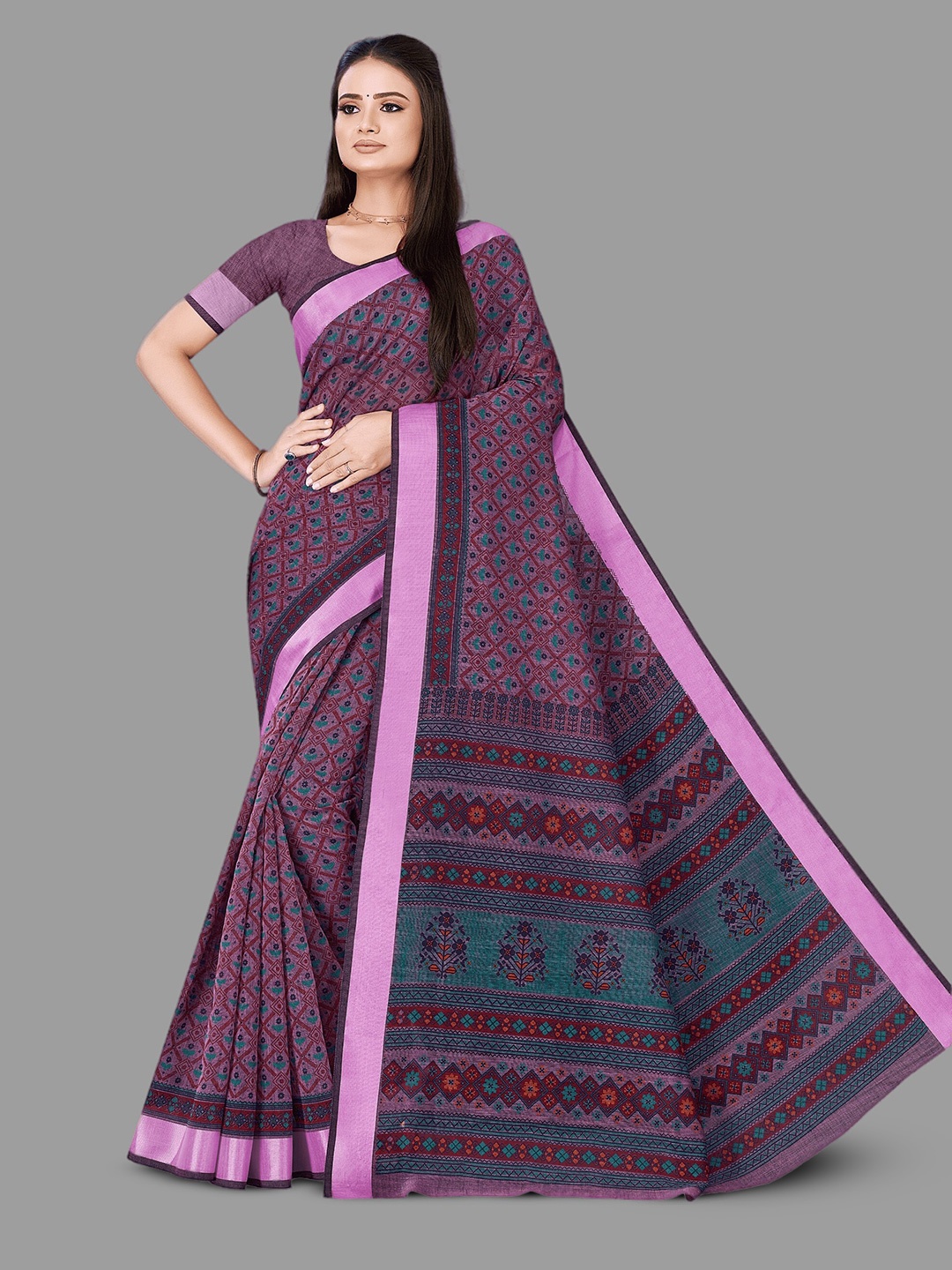 

HASRI Ethnic Motifs Printed Pure Linen Saree, Pink