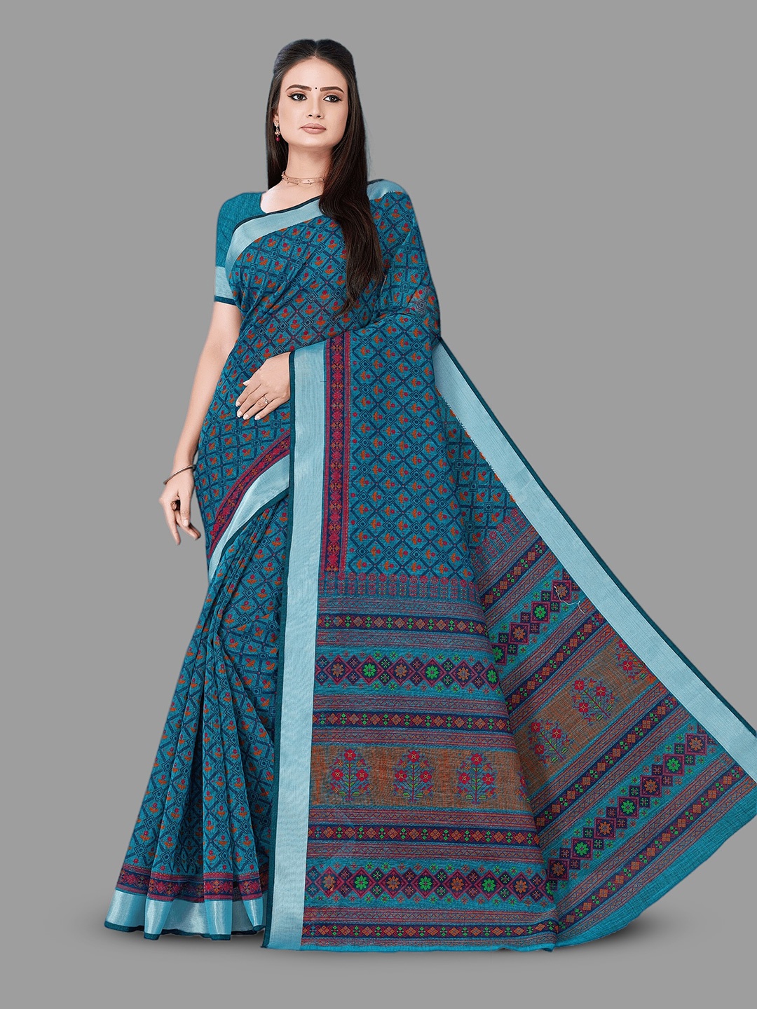 

HASRI Ethnic Motifs Printed Pure Linen Saree, Blue