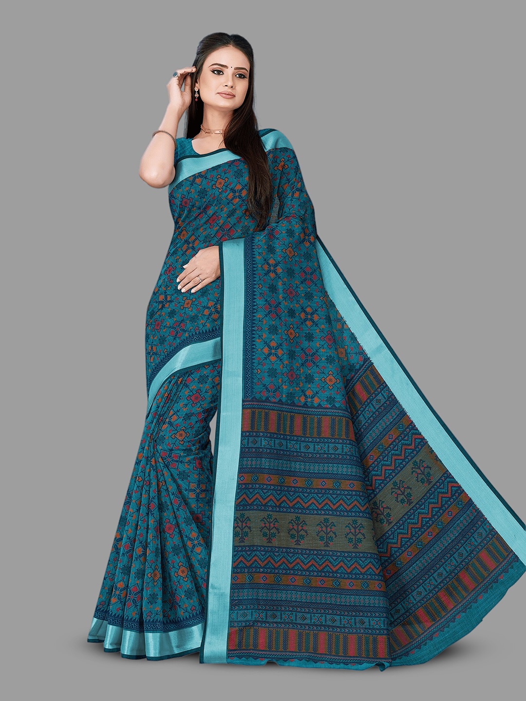 

HASRI Ethnic Motifs Printed Pure Linen Saree, Blue