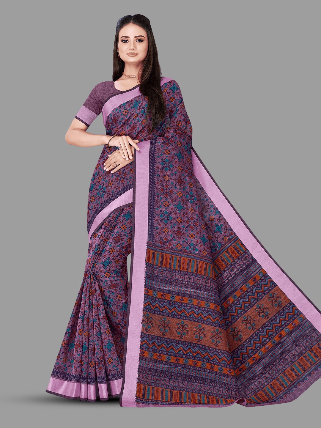 

HASRI Ethnic Motifs Printed Pure Linen Saree, Pink