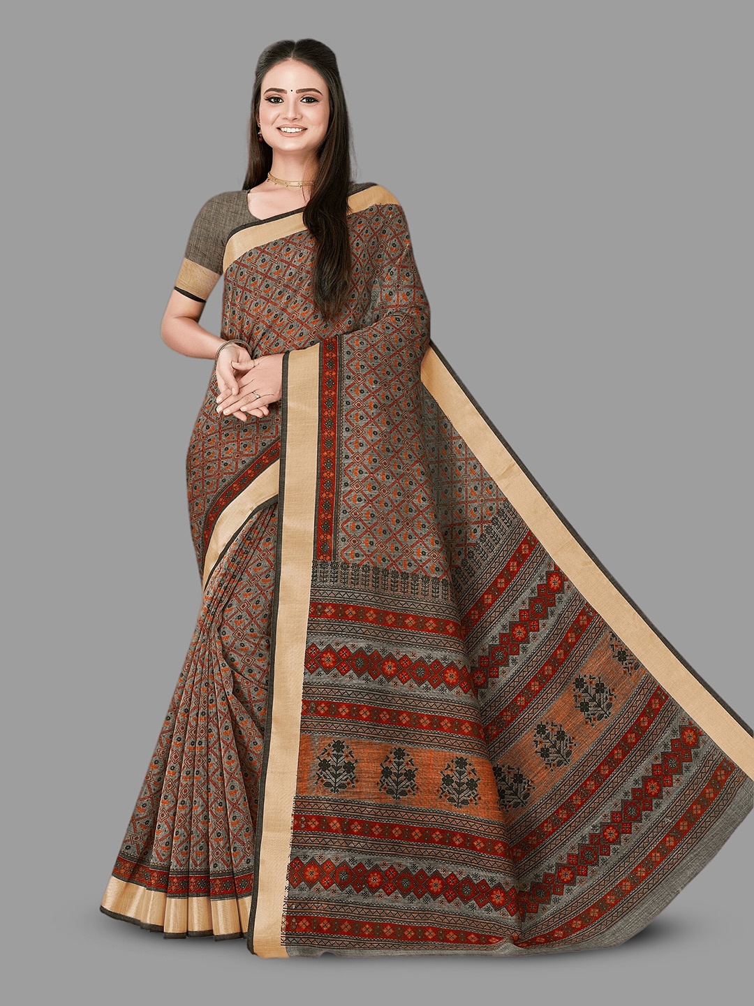 

HASRI Ethnic Motifs Printed Pure Linen Saree, Grey