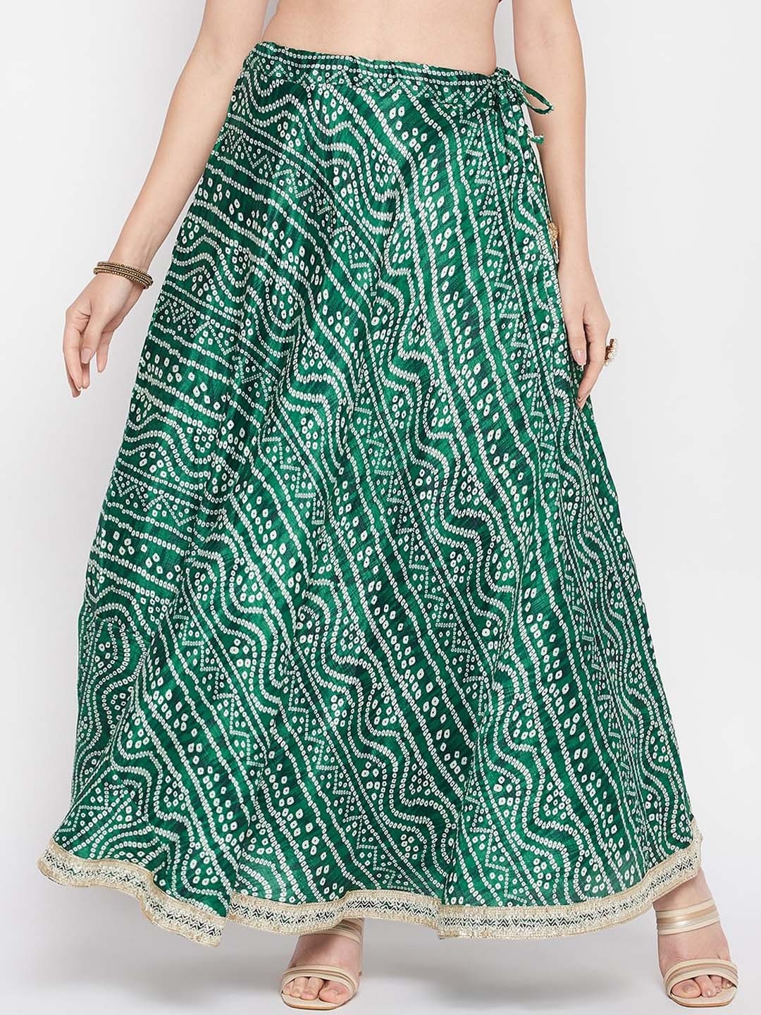 

Clora Creation Bandhani Printed Flared Maxi Skirt, Green