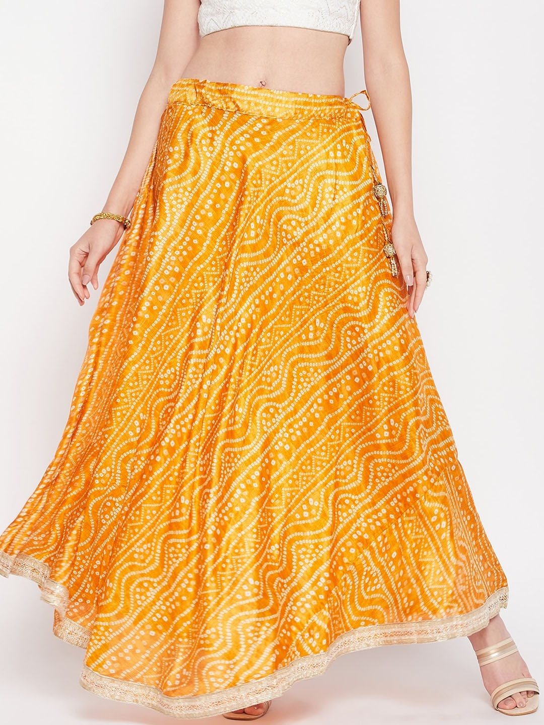 

Clora Creation Bandhani Printed Flared Maxi Skirt, Mustard