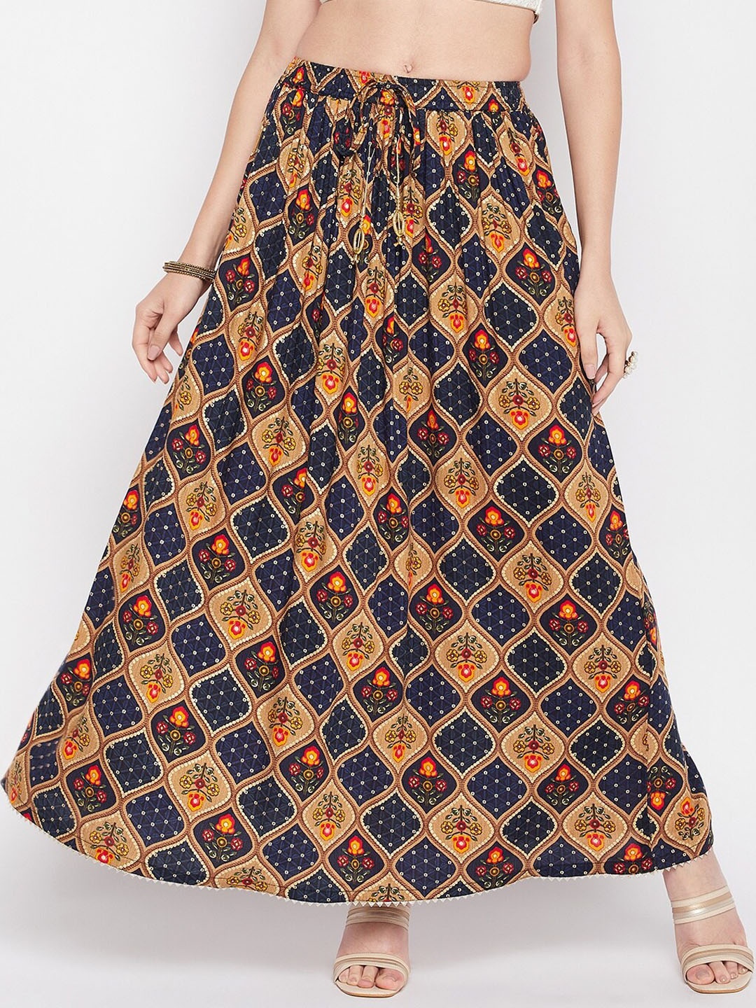 

Clora Creation Ethnic Motif Printed Gota Patti Sequin Embellished Flared Maxi Skirt, Navy blue