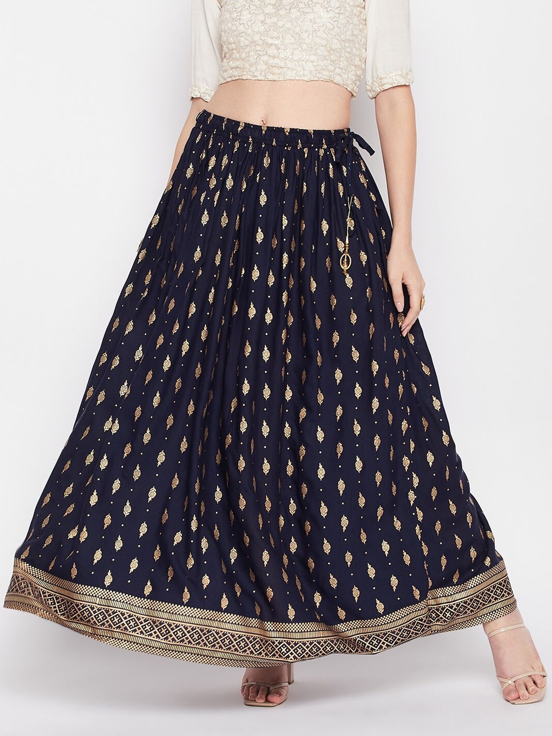 

Clora Creation Ethnic Motif Printed Flared Maxi Skirt, Navy blue