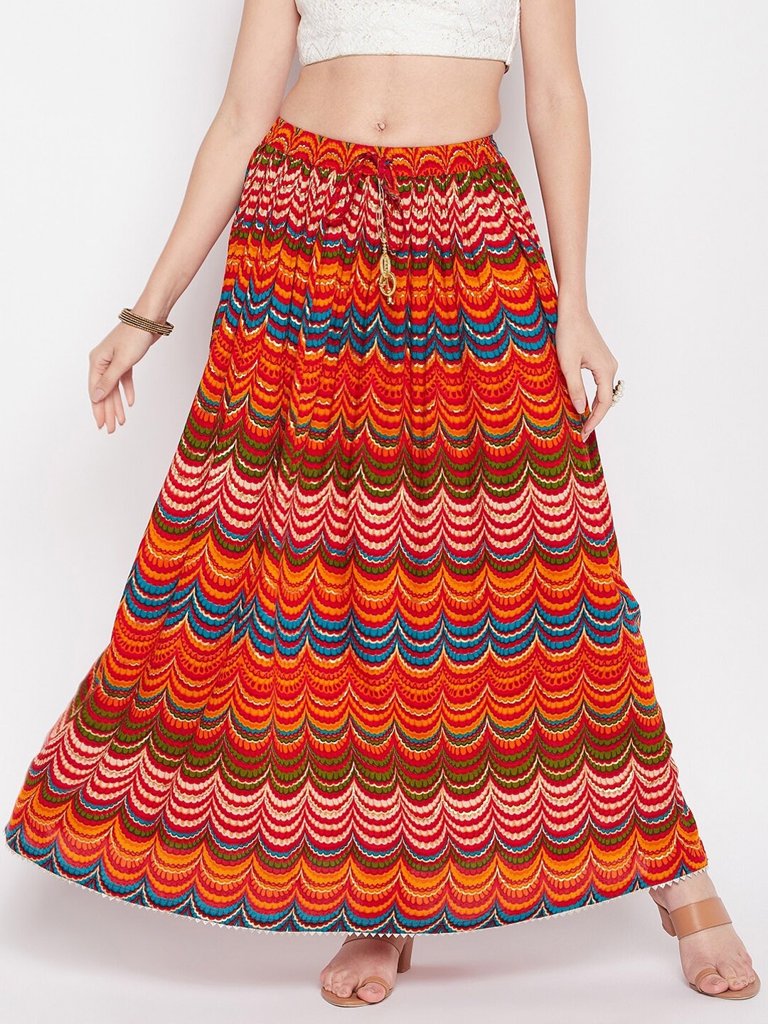 Clora Creation Ethnic Printed Flared Maxi Skirt, Orange