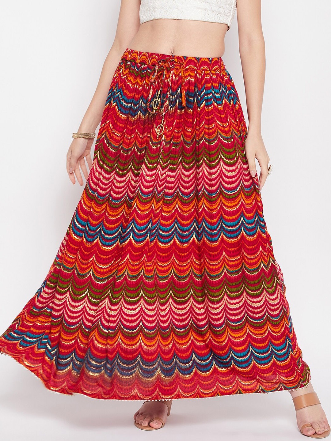 Clora Creation Ethnic Motif Printed Flared Maxi Skirt, Orange