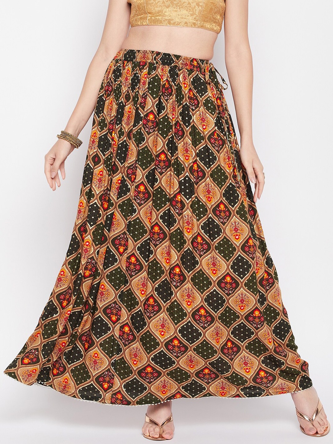 

Clora Creation Ethnic Motif Printed Flared Maxi Skirt, Green