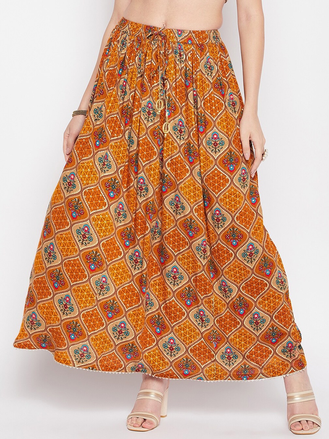 

Clora Creation Ethnic Motif Printed Flared Maxi Skirt, Mustard