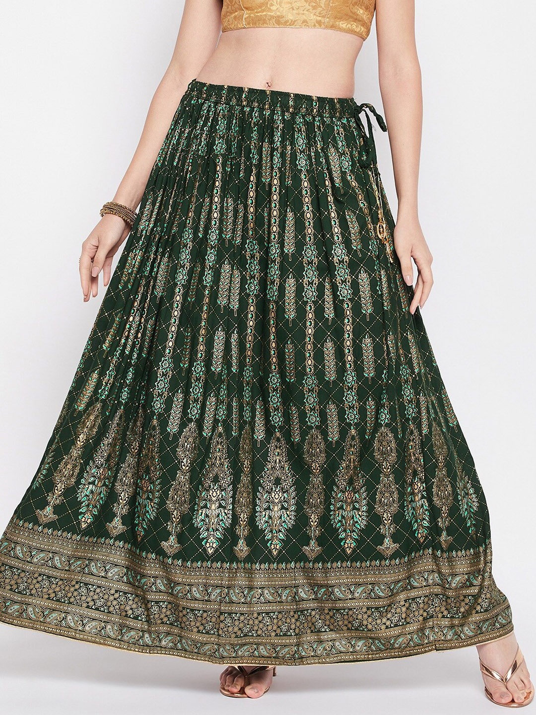 Clora Creation Ethnic Motif Printed Flared Maxi Skirt, Green