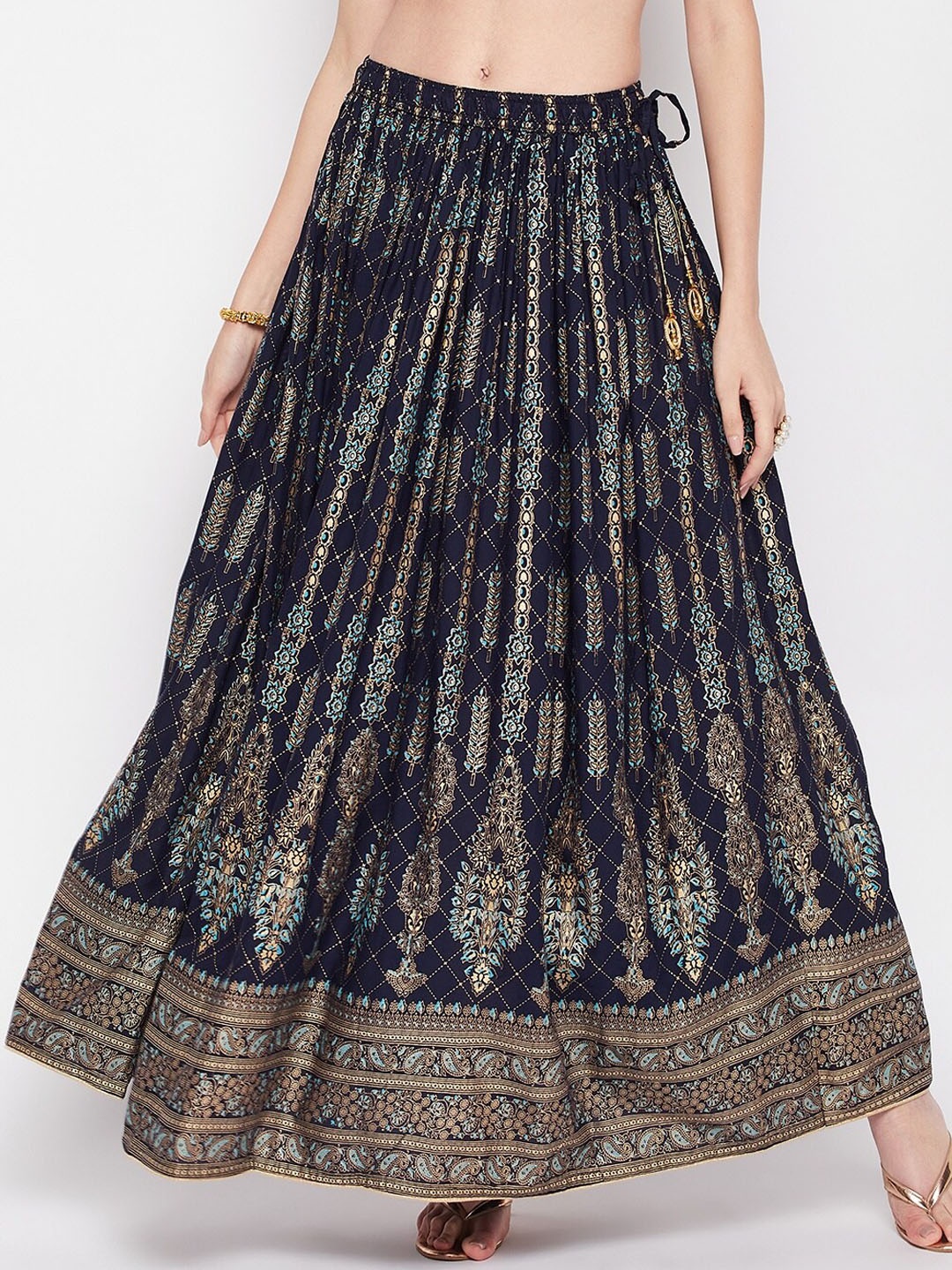 

Clora Creation Ethnic Motif Printed Flared Maxi Skirt, Navy blue