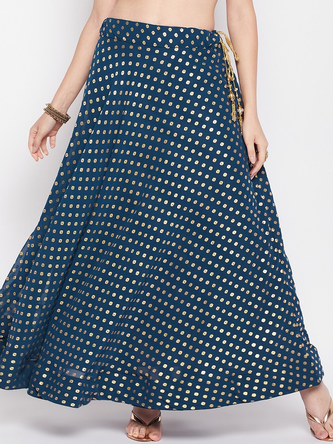 

Clora Creation Ethnic Foil Printed Georgette Flared Maxi Skirt, Teal