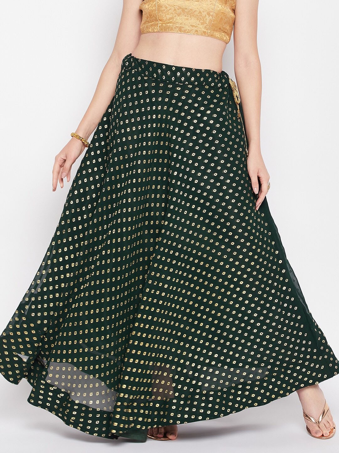 

Clora Creation Ethnic Foil Printed Georgette Flared Maxi Skirt, Green