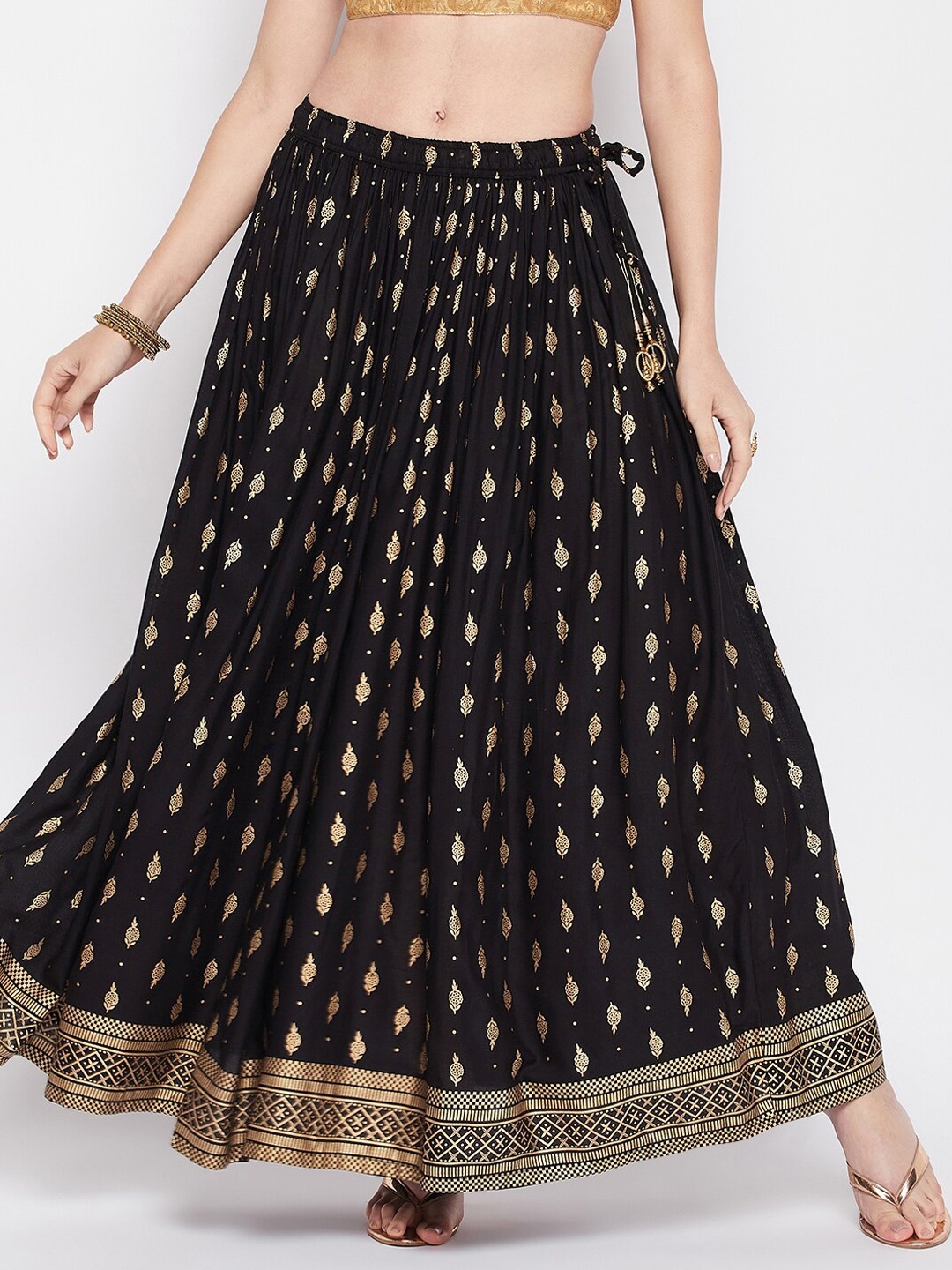 Clora Creation Ethnic Printed Flared Maxi Skirt, Black