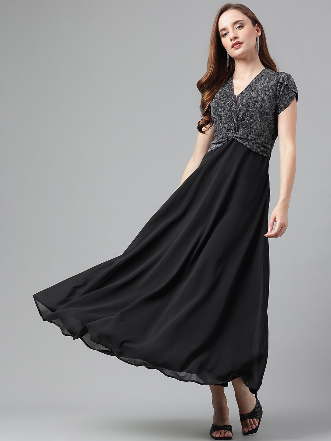 

Latin Quarters Self Design V-Neck Fit & Flare Midi Dress, Black