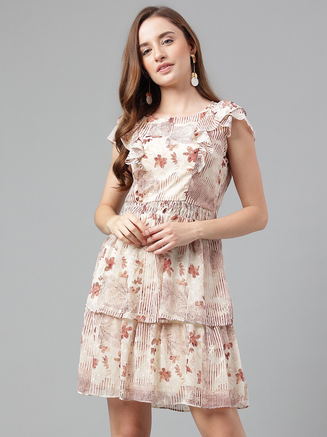 

Latin Quarters Floral Printed Flutter Sleeves Layered A-Line Dress, Beige