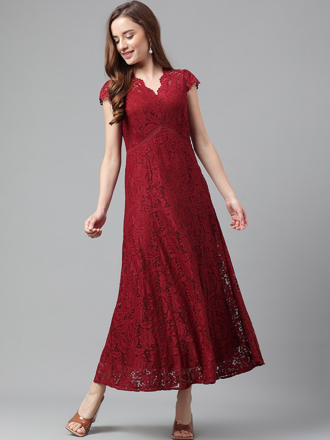 Latin Quarters Self Design V-Neck Cap Sleeves Maxi Dress, Maroon
